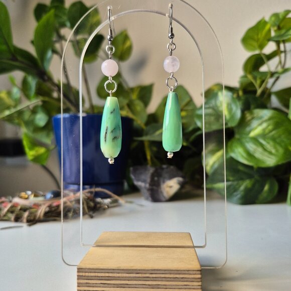 GREEN OPAL Handmade Earrings with Rose Quartz - Picture 5 of 8